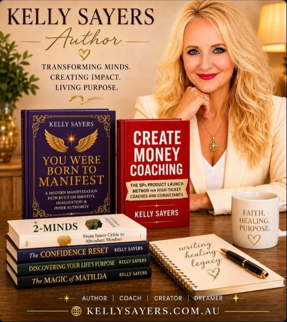 Kelly Sayers, author, with a selection of her books