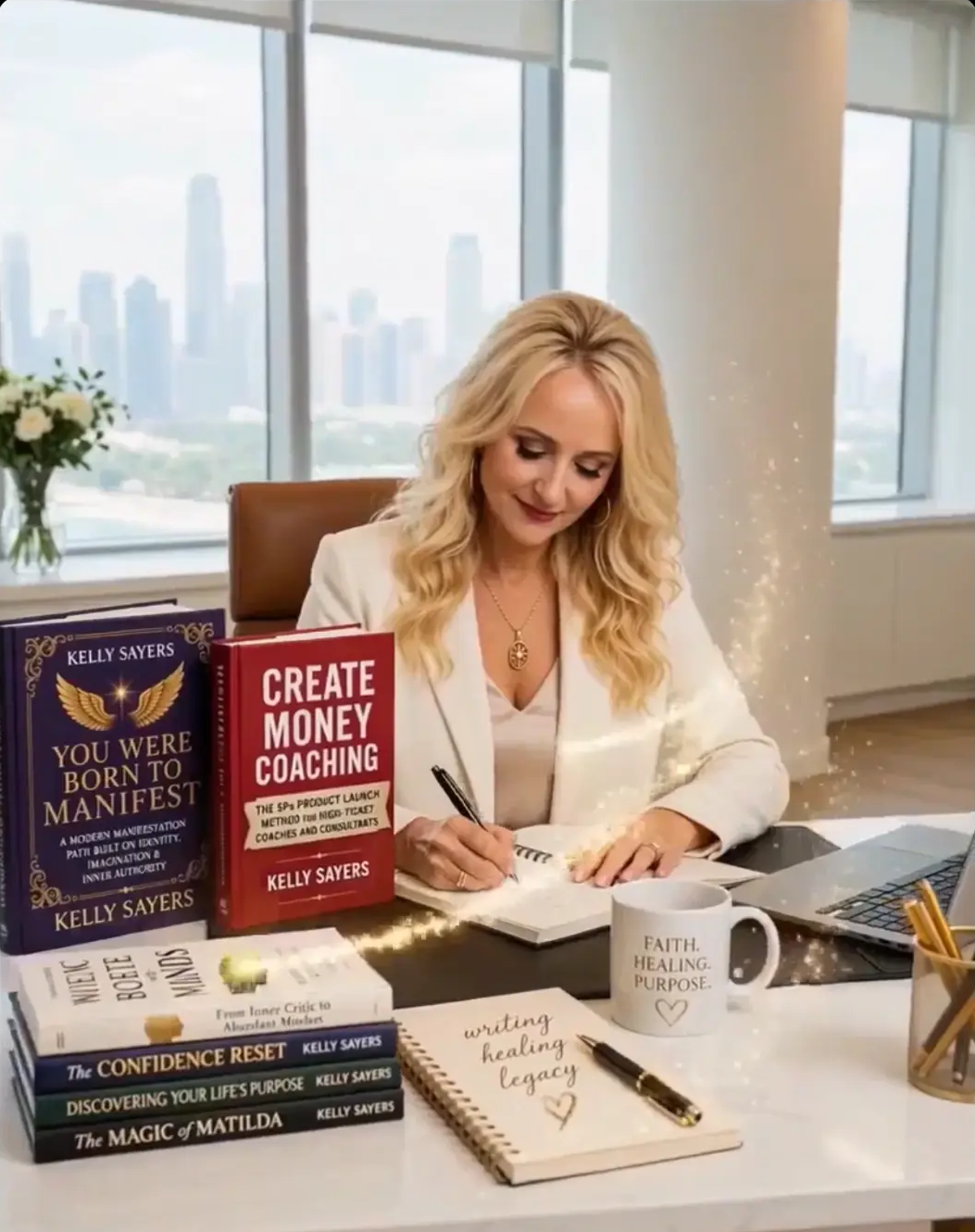 Kelly Sayers writing at her desk beside her books