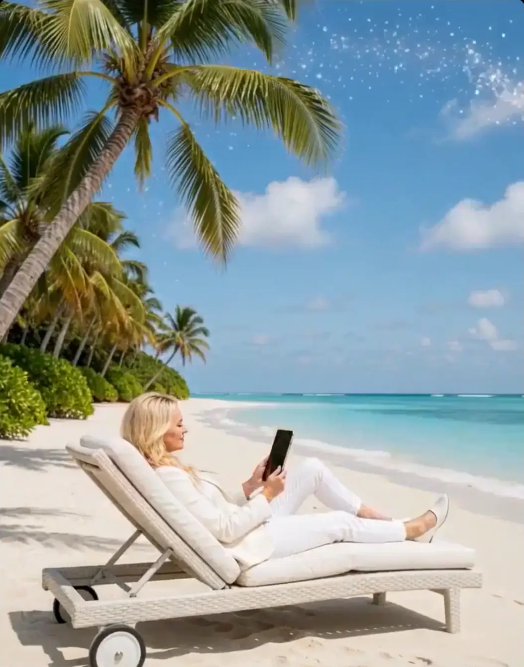 Kelly Sayers reading on a white sand beach beneath the palms