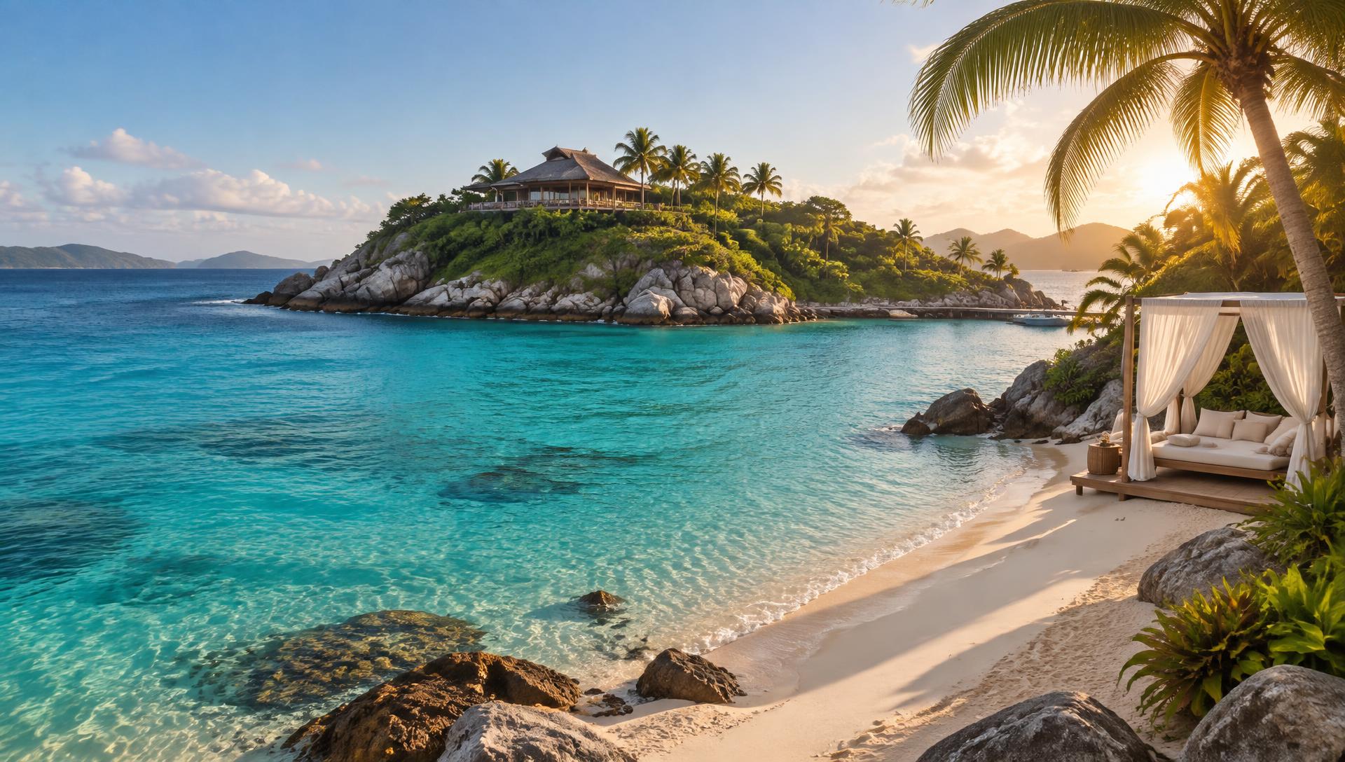 An island retreat at golden hour, with turquoise water and a canopy daybed on the sand