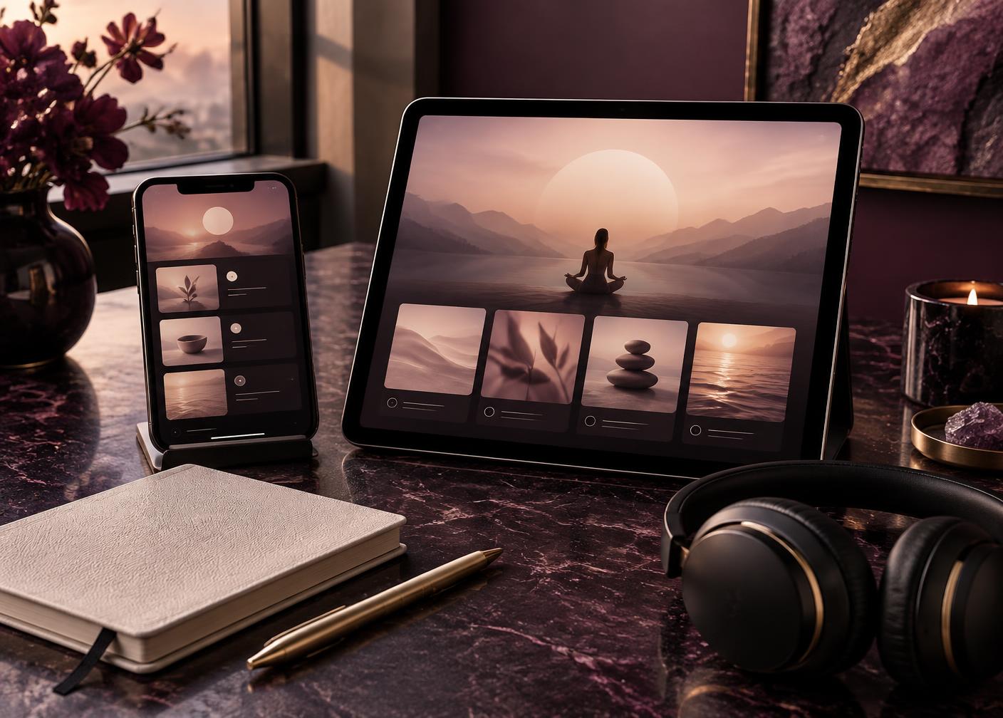 A tablet, phone, journal and headphones for the Soulcademy learning experience